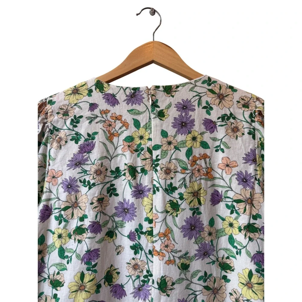 LOFT Floral Linen Puff Ruffle‎ Sleeve Shift Dress Size 14 Feminine Romantic